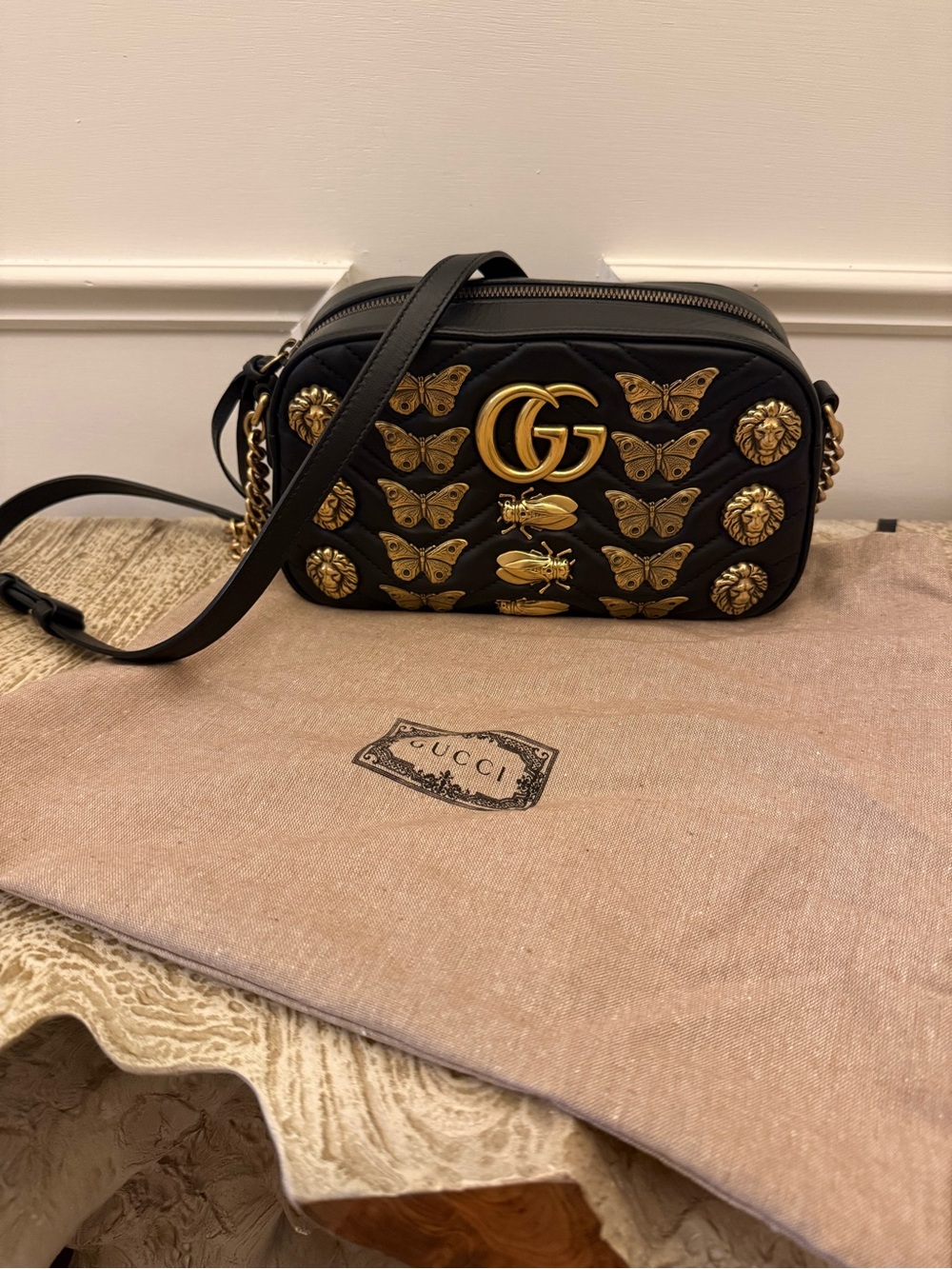 Gucci Black Leather Crossbody with Gold Bug & Butterfly Studs